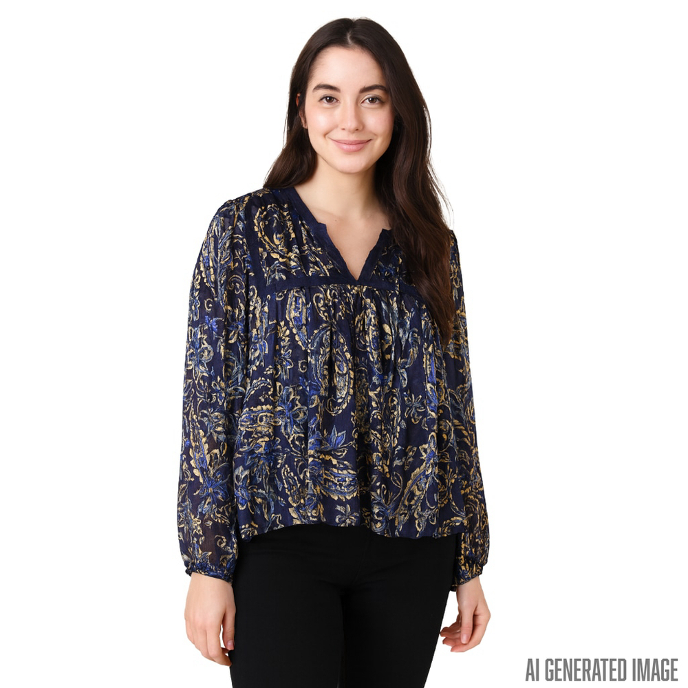 Aqua Paisley Sheer Peasant Ruffle Blouse Metallic Navy Small NWT Boho Work Top